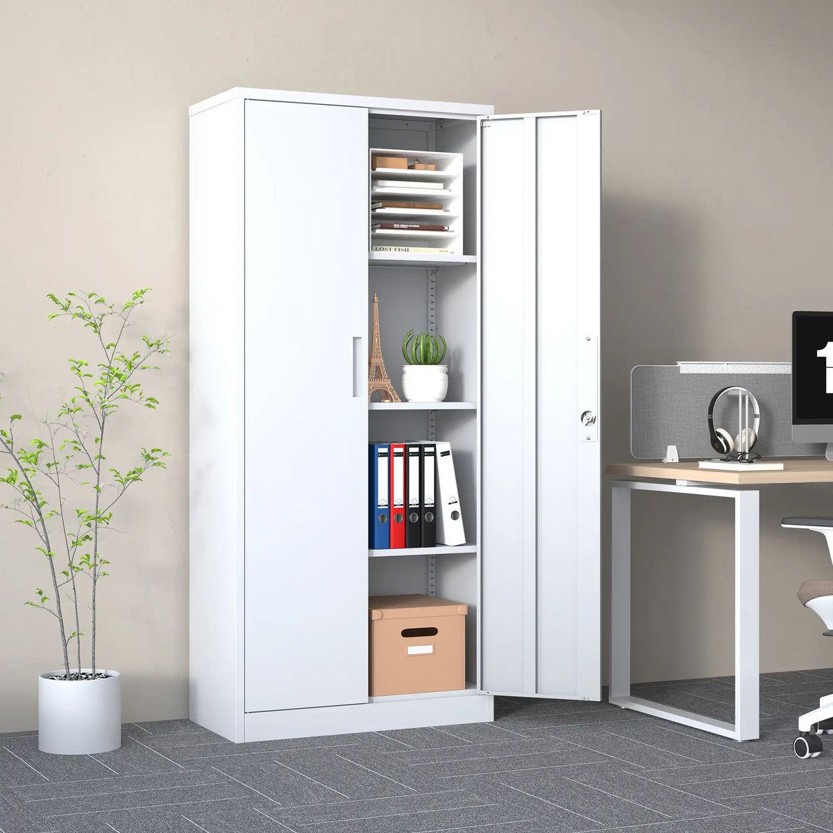 White storage cabinet placed in a modern home office next to a desk. #white
