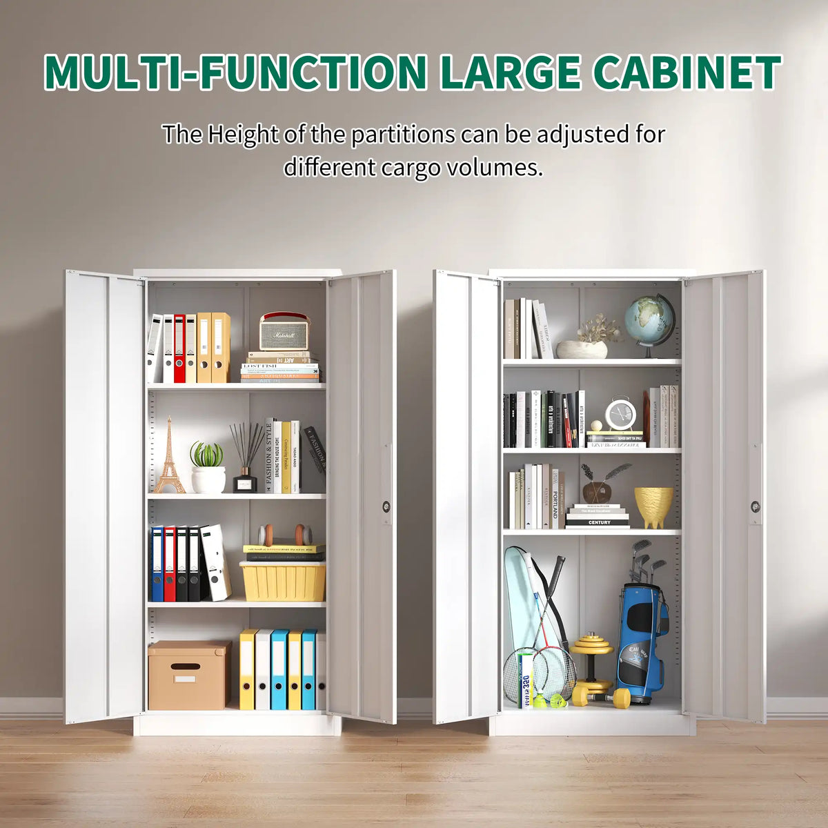White metal storage cabinet with open doors showcasing adjustable shelves for versatile organization.