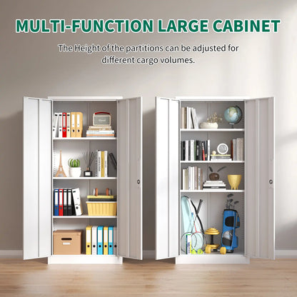 White metal storage cabinet with open doors showcasing adjustable shelves for versatile organization.