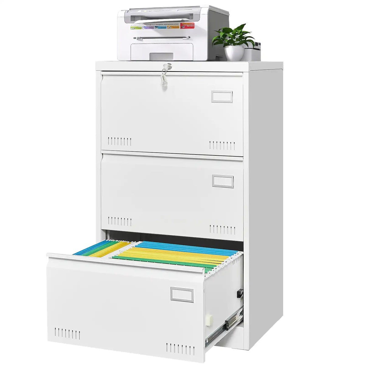 A white 3-drawer lateral filing cabinet with the lower drawer pulled out, displaying neatly sorted colorful hanging files. #white #3 drawers