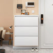white 3 tier shoe storage cabinet mounted near the front door in a cozy entryway #white #3 flip drawers