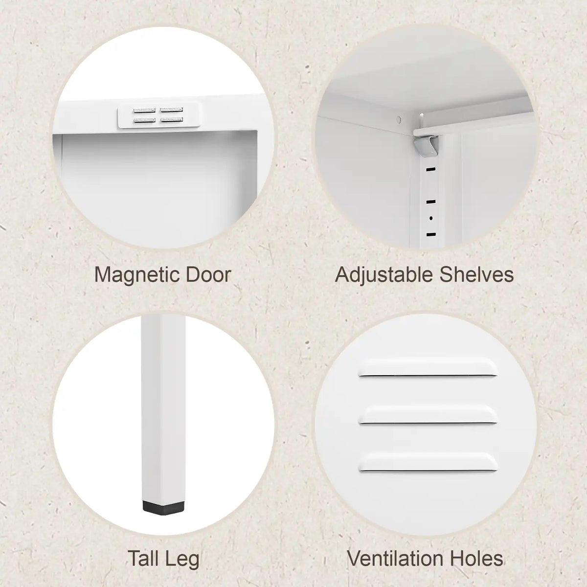 Product details of a white entryway cabinet showing magnetic door latches, adjustable shelf slots, tall legs, and door vents.