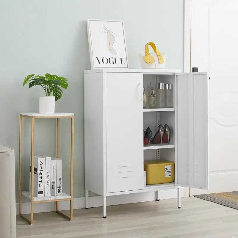 A white metal accent cabinet placed in a modern living room. #white