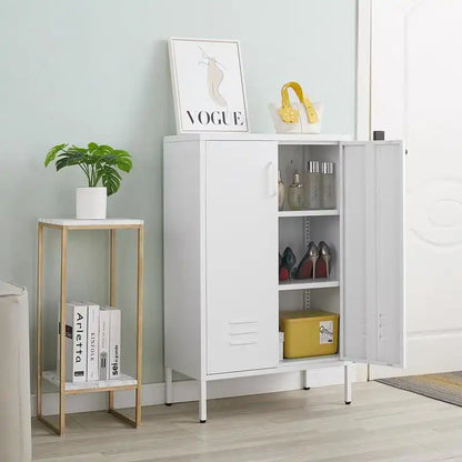 A white metal accent cabinet placed in a modern living room.