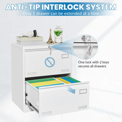 White security lock unit with two keys and an anti-tip interlock safety system that prevents multiple drawers from opening. drawers