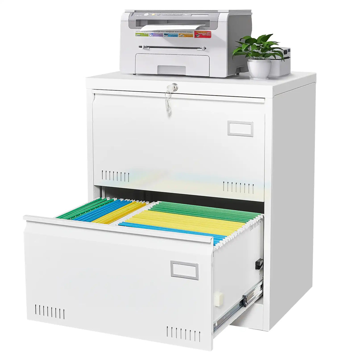 White two drawer filing cabinet with a top printer, locked upper drawer, and open lower drawer holding colorful file folders. #white #2 drawers