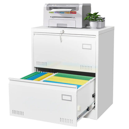 White two drawer filing cabinet with a top printer, locked upper drawer, and open lower drawer holding colorful file folders. drawers