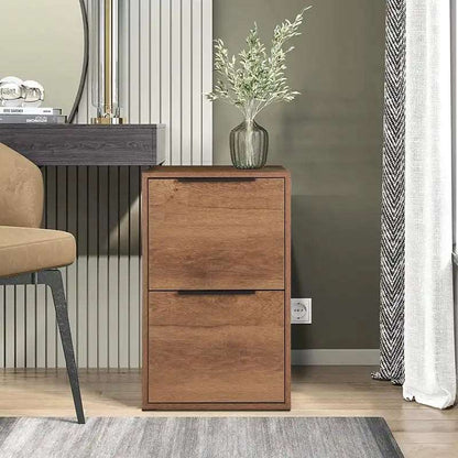 Modern wood side cabinet placed near a vanity desk and window, topped with a decorative plant.