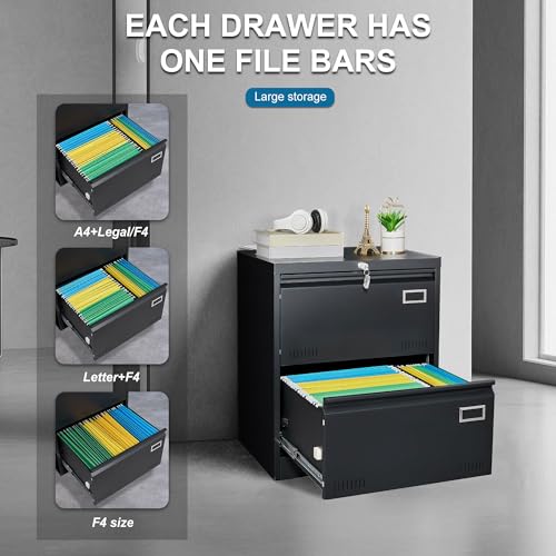 GREATMEET 2 Drawer Lateral File Cabinet,Metal Filing Cabinet with Lock,Locking Storage File Cabinet for Hanging Files,Office Lateral File Cabinets for Letter/Legal/F4/A4 Size,Black-2Drawer