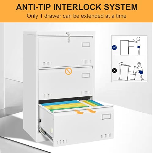 GREATMEET Lateral File Cabinet,Metal Filing Cabinet with Lock,Locking Storage File Cabinet for Hanging Files,Office Lateral File Cabinets for Letter/Legal/F4/A4 Size