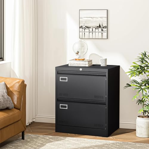 GREATMEET 2 Drawer Lateral File Cabinet,Metal Filing Cabinet with Lock,Locking Storage File Cabinet for Hanging Files,Office Lateral File Cabinets for Letter/Legal/F4/A4 Size,Black-2Drawer