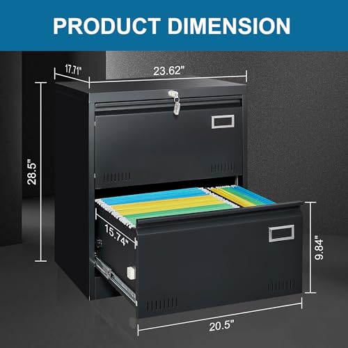 GREATMEET 2 Drawer Lateral File Cabinet,Metal Filing Cabinet with Lock,Locking Storage File Cabinet for Hanging Files,Office Lateral File Cabinets for Letter/Legal/F4/A4 Size,Black-2Drawer