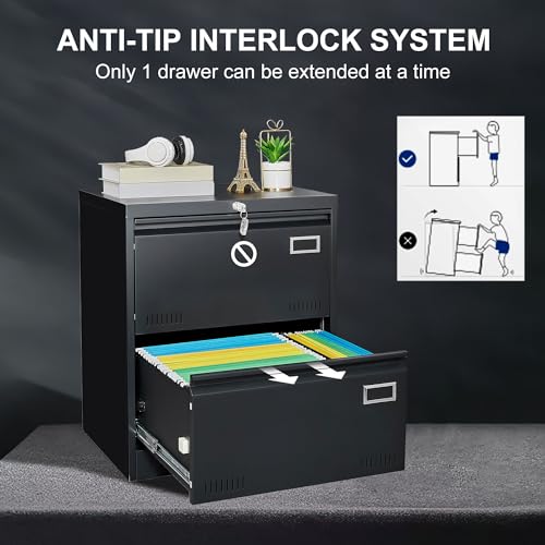 GREATMEET 2 Drawer Lateral File Cabinet,Metal Filing Cabinet with Lock,Locking Storage File Cabinet for Hanging Files,Office Lateral File Cabinets for Letter/Legal/F4/A4 Size,Black-2Drawer