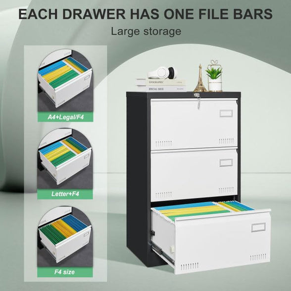 GREATMEET 2 Drawer Lateral File Cabinet,Metal Filing Cabinet with Lock,Locking Storage File Cabinet for Hanging Files,Office Lateral File Cabinets for Letter/Legal/F4/A4 Size,Black-2Drawer