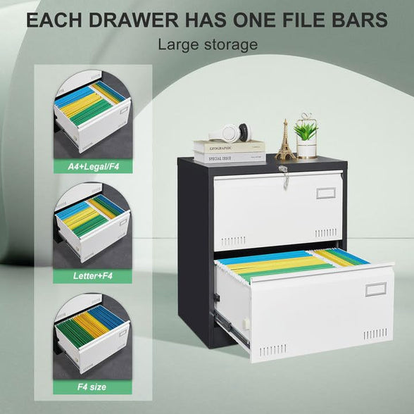 GREATMEET 2 Drawer Lateral File Cabinet,Metal Filing Cabinet with Lock,Locking Storage File Cabinet for Hanging Files,Office Lateral File Cabinets for Letter/Legal/F4/A4 Size,Black-2Drawer