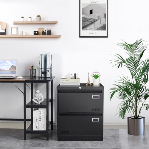 GREATMEET 2 Drawer Lateral File Cabinet,Metal Filing Cabinet with Lock,Locking Storage File Cabinet for Hanging Files,Office Lateral File Cabinets for Letter/Legal/F4/A4 Size,Black-2Drawer