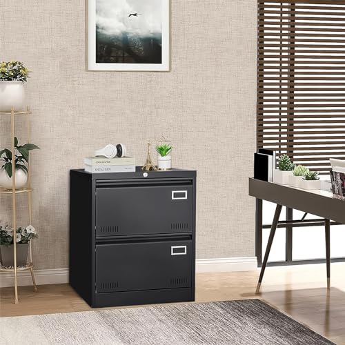 GREATMEET 2 Drawer Lateral File Cabinet,Metal Filing Cabinet with Lock,Locking Storage File Cabinet for Hanging Files,Office Lateral File Cabinets for Letter/Legal/F4/A4 Size,Black-2Drawer