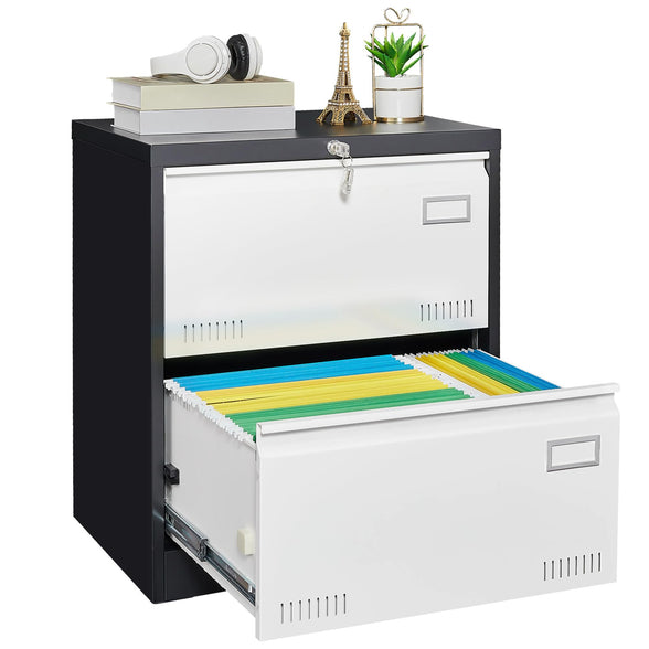 GREATMEET 2 Drawer Lateral File Cabinet,Metal Filing Cabinet with Lock,Locking Storage File Cabinet for Hanging Files,Office Lateral File Cabinets for Letter/Legal/F4/A4 Size,Black-2Drawer
